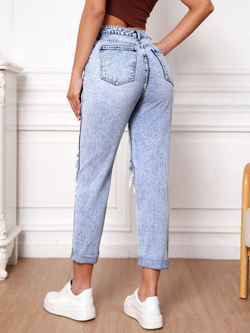 Ripped Frayed Cut Out Mom Fit Jeans