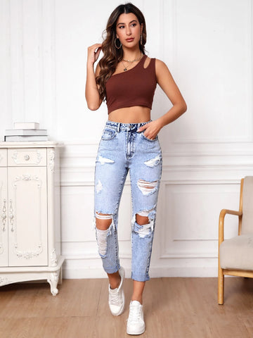 Ripped Frayed Cut Out Mom Fit Jeans