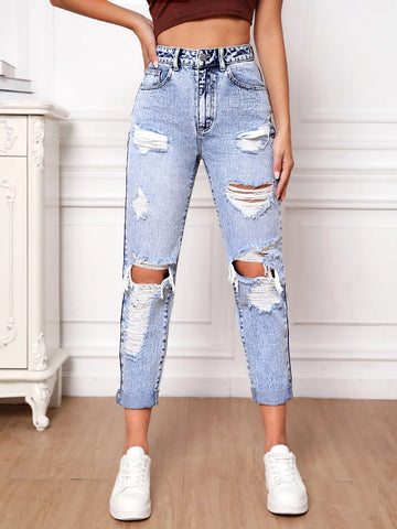 Ripped Frayed Cut Out Mom Fit Jeans