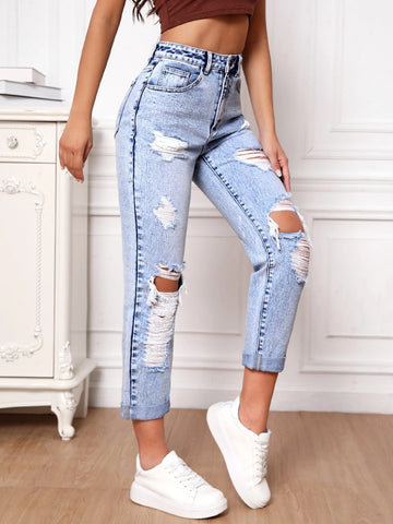 Ripped Frayed Cut Out Mom Fit Jeans
