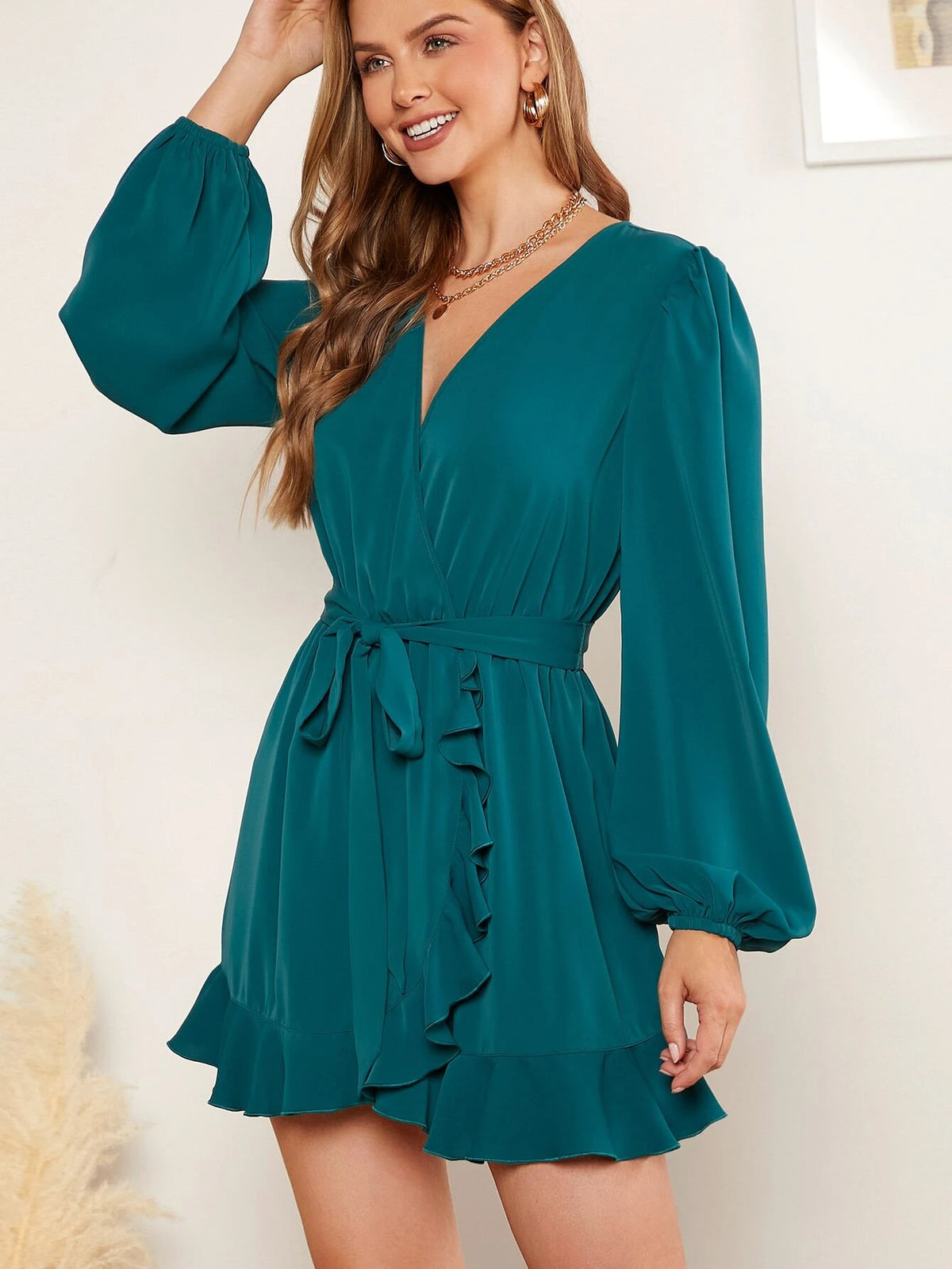 EMERY ROSE Lantern Sleeve Ruffle Trim Wrap Belted Romper