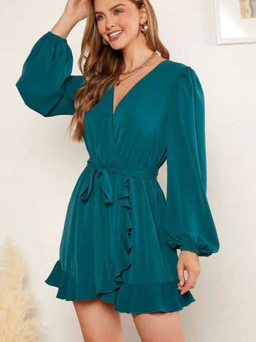 EMERY ROSE Lantern Sleeve Ruffle Trim Wrap Belted Romper