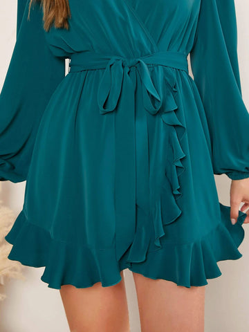 EMERY ROSE Lantern Sleeve Ruffle Trim Wrap Belted Romper