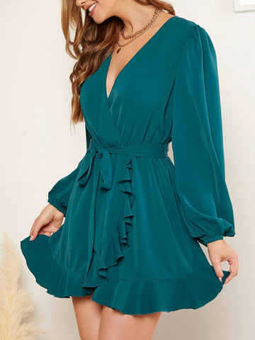 EMERY ROSE Lantern Sleeve Ruffle Trim Wrap Belted Romper