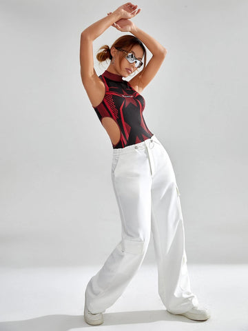 Striped & Star Print Cut Out Mock Neck Bodysuit