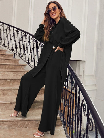 evolu Drop Shoulder Solid Shirt & Wide Leg Pants