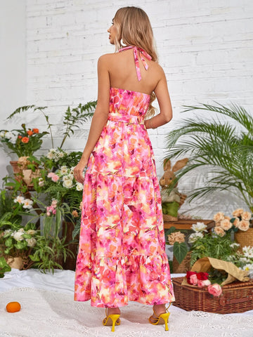 VCAY Floral Print Ruffle Hem Belted Halter Dress