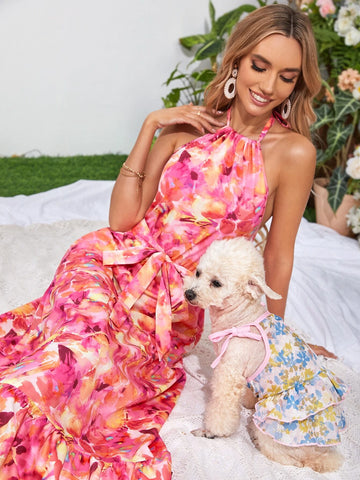 VCAY Floral Print Ruffle Hem Belted Halter Dress