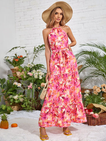 VCAY Floral Print Ruffle Hem Belted Halter Dress