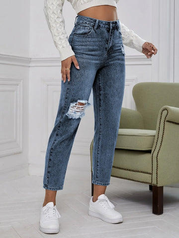 High Waist Ripped Mom Fit Jeans