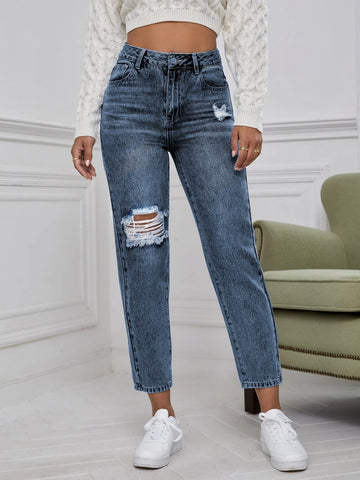 High Waist Ripped Mom Fit Jeans