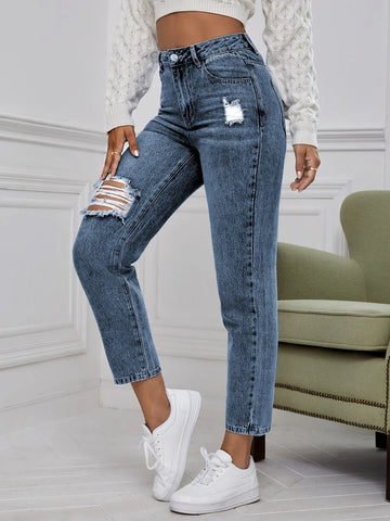 High Waist Ripped Mom Fit Jeans
