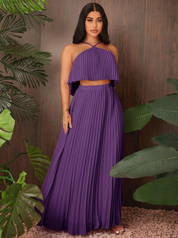 SXY Solid Pleated Halter Top & Skirt