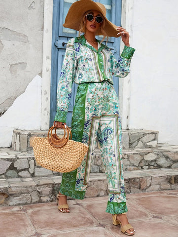 Scarf Print Button Front Shirt & Wide Leg Pants