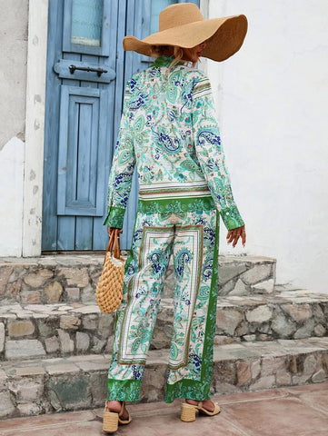 Scarf Print Button Front Shirt & Wide Leg Pants