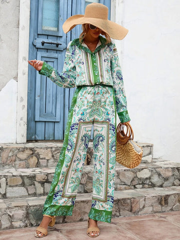 Scarf Print Button Front Shirt & Wide Leg Pants