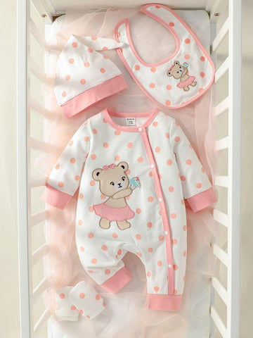 Newborn Baby Cartoon Graphic Polka Dot Print Jumpsuit & Hat & Bib