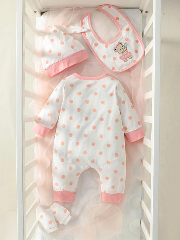 Newborn Baby Cartoon Graphic Polka Dot Print Jumpsuit & Hat & Bib