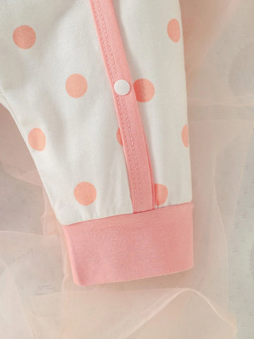 Newborn Baby Cartoon Graphic Polka Dot Print Jumpsuit & Hat & Bib