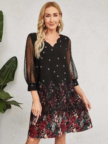 EMERY ROSE Dobby Mesh Sleeve Floral Print Tunic Dress