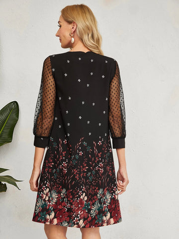 EMERY ROSE Dobby Mesh Sleeve Floral Print Tunic Dress