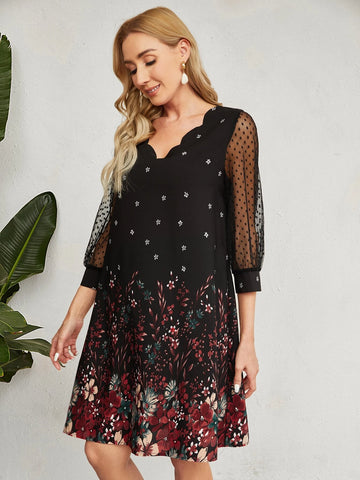 EMERY ROSE Dobby Mesh Sleeve Floral Print Tunic Dress