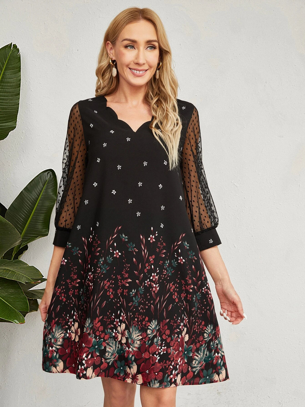 EMERY ROSE Dobby Mesh Sleeve Floral Print Tunic Dress