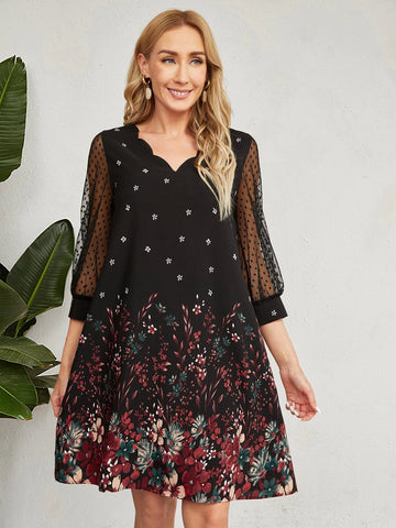 EMERY ROSE Dobby Mesh Sleeve Floral Print Tunic Dress