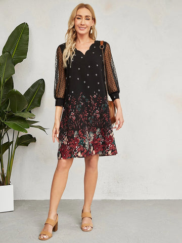 EMERY ROSE Dobby Mesh Sleeve Floral Print Tunic Dress