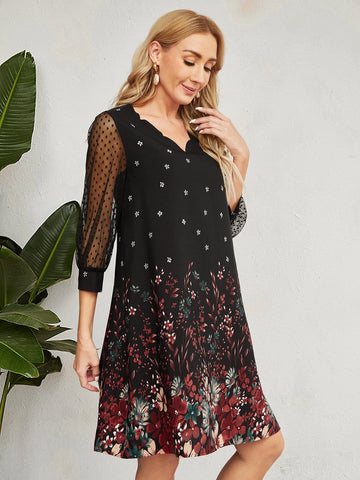 EMERY ROSE Dobby Mesh Sleeve Floral Print Tunic Dress