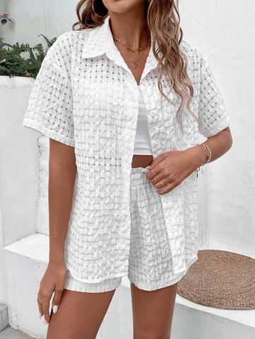 Solid Button Front Drop Shoulder Shirt & Shorts