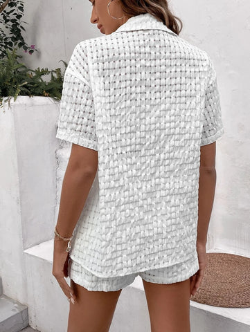 Solid Button Front Drop Shoulder Shirt & Shorts