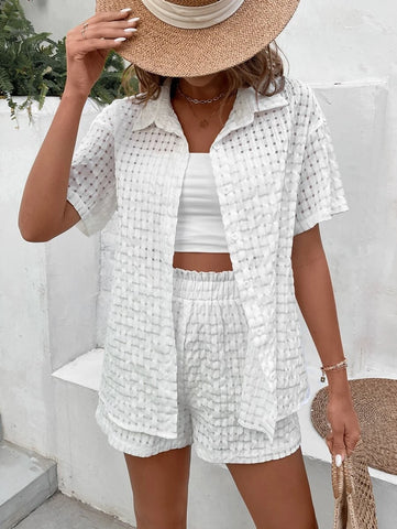 Solid Button Front Drop Shoulder Shirt & Shorts