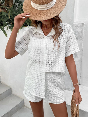 Solid Button Front Drop Shoulder Shirt & Shorts