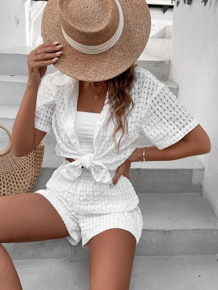 Solid Button Front Drop Shoulder Shirt & Shorts