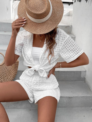 Solid Button Front Drop Shoulder Shirt & Shorts