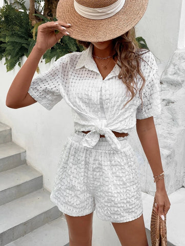 Solid Button Front Drop Shoulder Shirt & Shorts