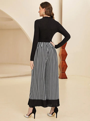 Houndstooth Print Wide Leg Jumpsuit With Belt
