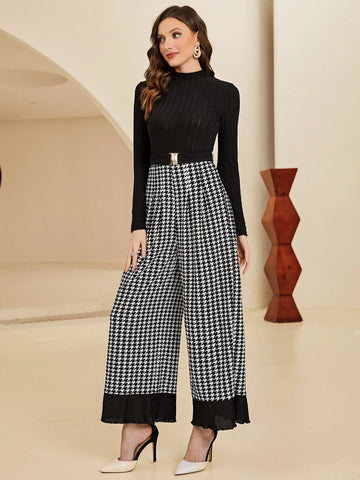 Houndstooth Print Wide Leg Jumpsuit With Belt