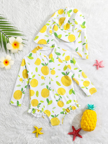 Baby Fruit Print Ruffle Trim Zipper Front One Piece Swimsuit With Hat