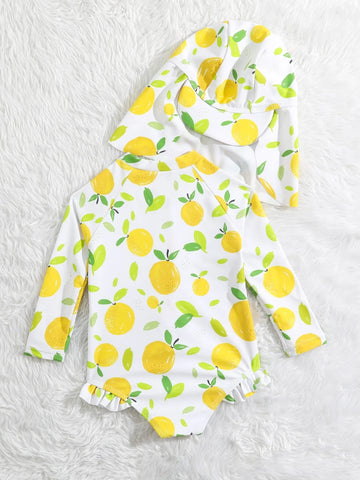 Baby Fruit Print Ruffle Trim Zipper Front One Piece Swimsuit With Hat