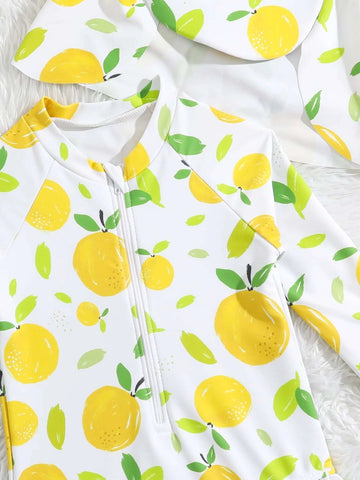 Baby Fruit Print Ruffle Trim Zipper Front One Piece Swimsuit With Hat