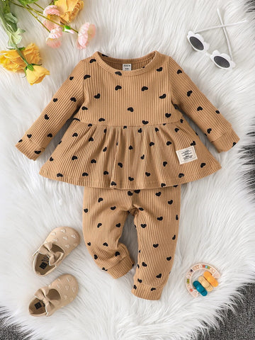 Baby Heart Print Patch Detail Peplum Top & Pants