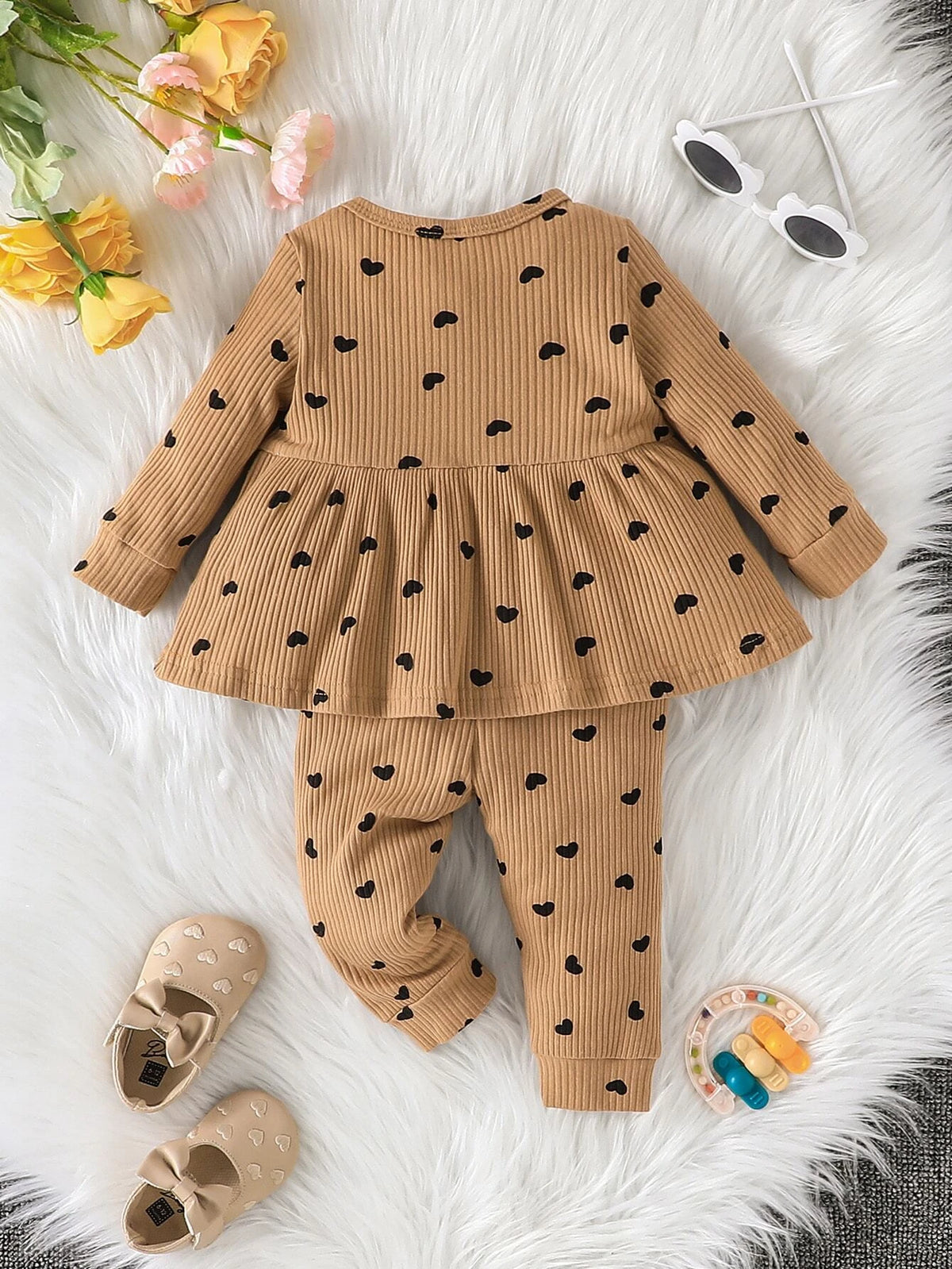 Baby Heart Print Patch Detail Peplum Top & Pants