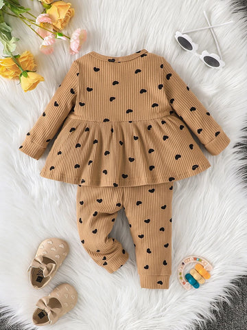 Baby Heart Print Patch Detail Peplum Top & Pants