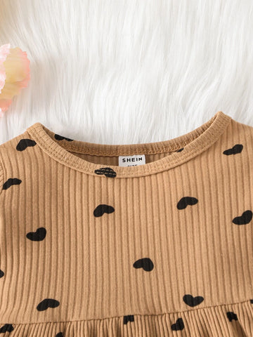Baby Heart Print Patch Detail Peplum Top & Pants