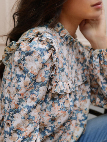Frenchy Floral Print Ruffle Neck Blouse