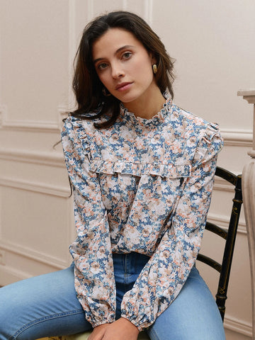 Frenchy Floral Print Ruffle Neck Blouse