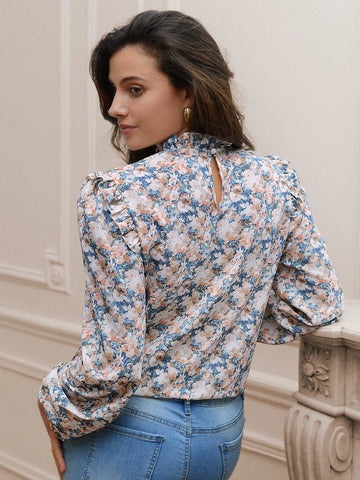 Frenchy Floral Print Ruffle Neck Blouse