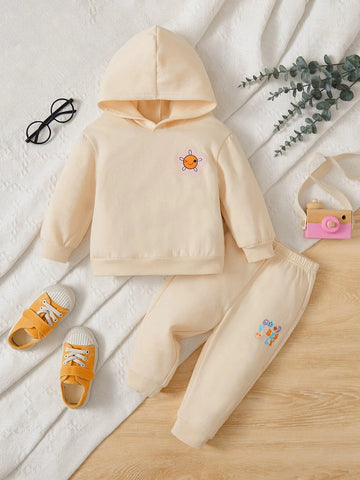 Baby Cartoon Face & Floral Print Hoodie & Sweatpants